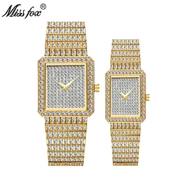 

MISSFOX Hot Sale Square Men Women Lovers Watch Luxury 18K Gold Couple Diamond Quartz Watch Golden Clock Best Husband Wife Gift