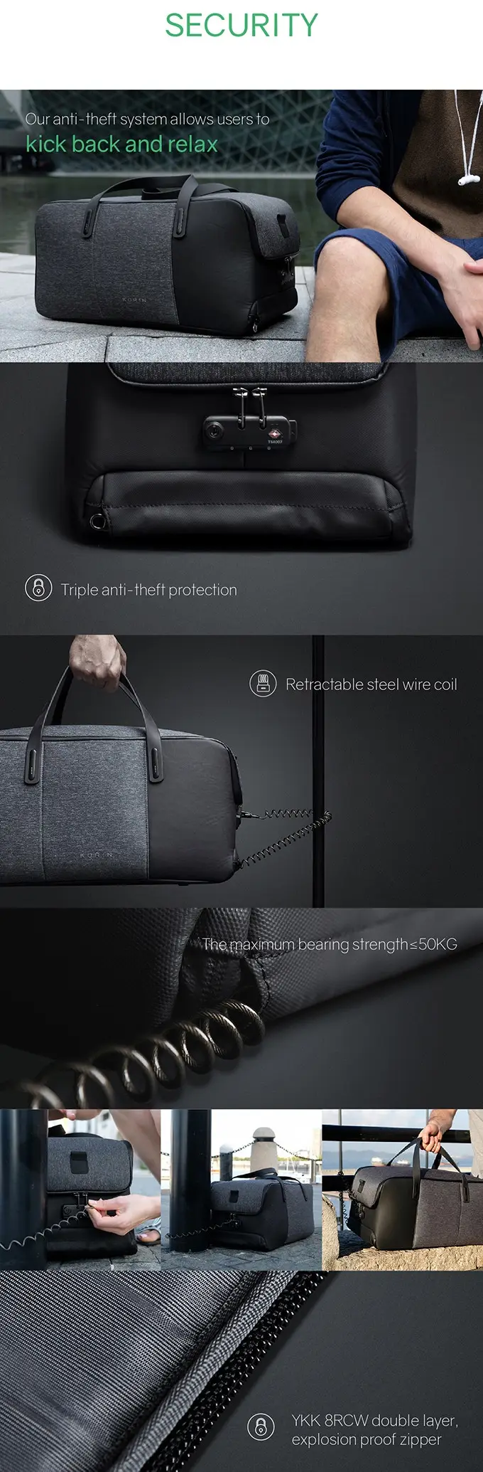 Best Krion Design FlexPack GO Anti-theft Duffle Bag USB Charging Foldable Men Notebook Computer Bag 15.6 inch Laptop Briefcase 3