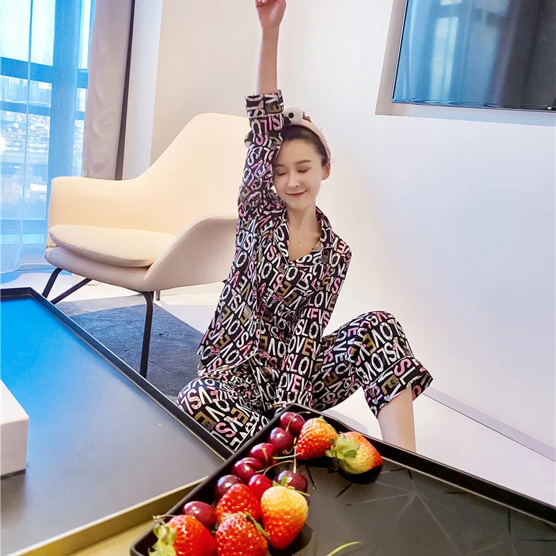 

Pajamas Women's Suit Summer Simulation Silk Light Luxury Wind Ice Silk Home Clothing Suit Long Sleeve