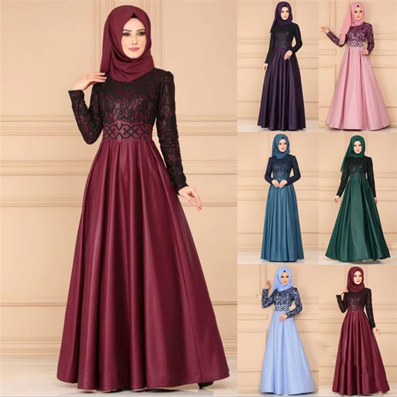 

Muslim Abaya Dress Woman Vintage Islamic Clothing Elegant Lace Pleated Kaftan Dubai Turkish Long Sleeve Party Evening Dresses