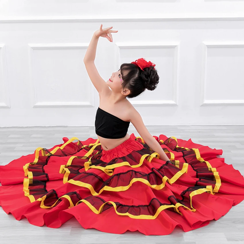 Gypsy Style Princess Girls Belly Dance Costumes Spanish Traditional Flamenco Skirt Satin Smooth Plus Size Swing