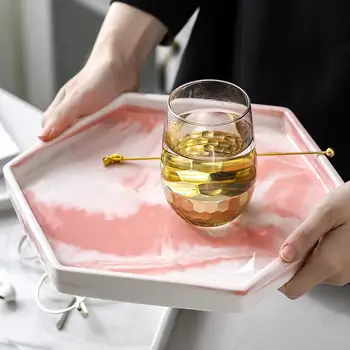 

Nordic Ceramic Geometric Trays Pink Marble Pattern Coffee Jewelry Storage Plates Household Desktop Decorative Plate Dessert Tray