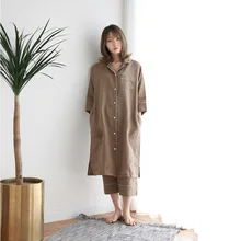 Комплекты с платьем хлопковый и льняной халат кофейного цвета из трех предметов Женская одежда для сна с длинными рукавами на осень и зиму большого размера