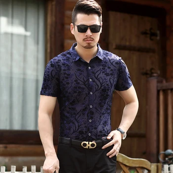 

Baroque Flowers Printed Shirts Mens Vintage Clothing Elastic Silk Shirts Velvet Party Shirts Beach Clothes See Through Club 2020
