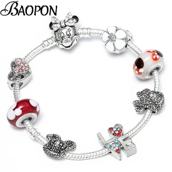 

Cartoon Series Red Glass Beads Charm Bracelets With Mickey Minnie Charms Fine Bracelets Bangles For Women Girls Jewelry Gift