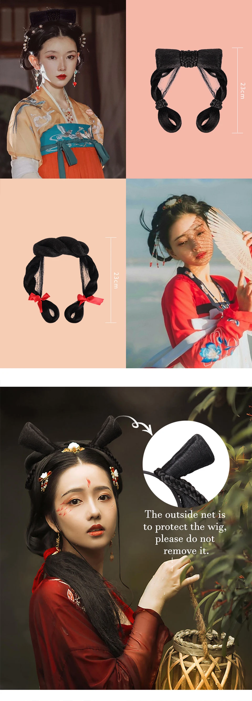 Faixa de Cabelo Buqi Chinês Tradicional Retro Cabelo Chignon Sintético Hanfu Peruca Cosplay Preto Falso Bun Antiga Fada Princesa 4 High Quality Apliques e perucas