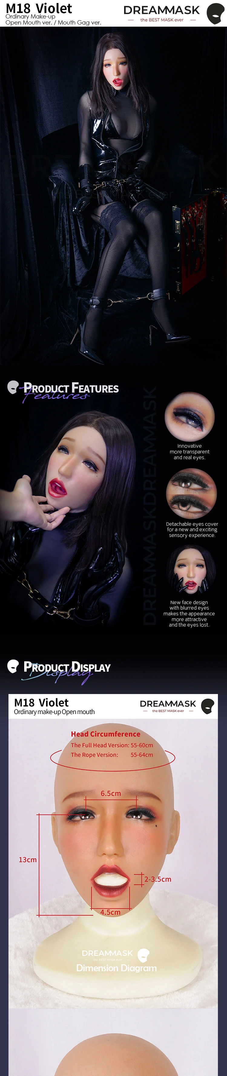 M18 Violet) New Design Soft Silicone Female Full Head With Mouth Gag DMS Crossdress Sex Playing Doll Mask image