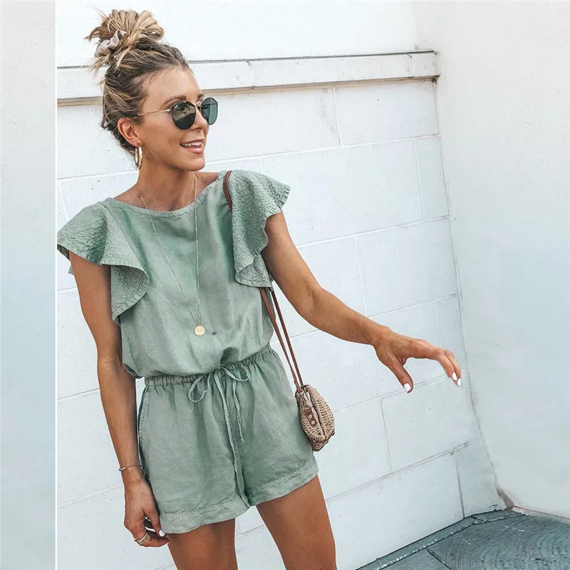 2020 new Playsuits Women Summer Elegant Jumpsuit Short Cotton Linen Casual Ruffles Elastic Waist Sexy Rompers Overall Mono Mujer 2020 new Playsuits Women Summer Elegant Jumpsuit Short Cotton Linen Casual Ruffles Elastic Waist Sexy Rompers Overall Mono Mujer