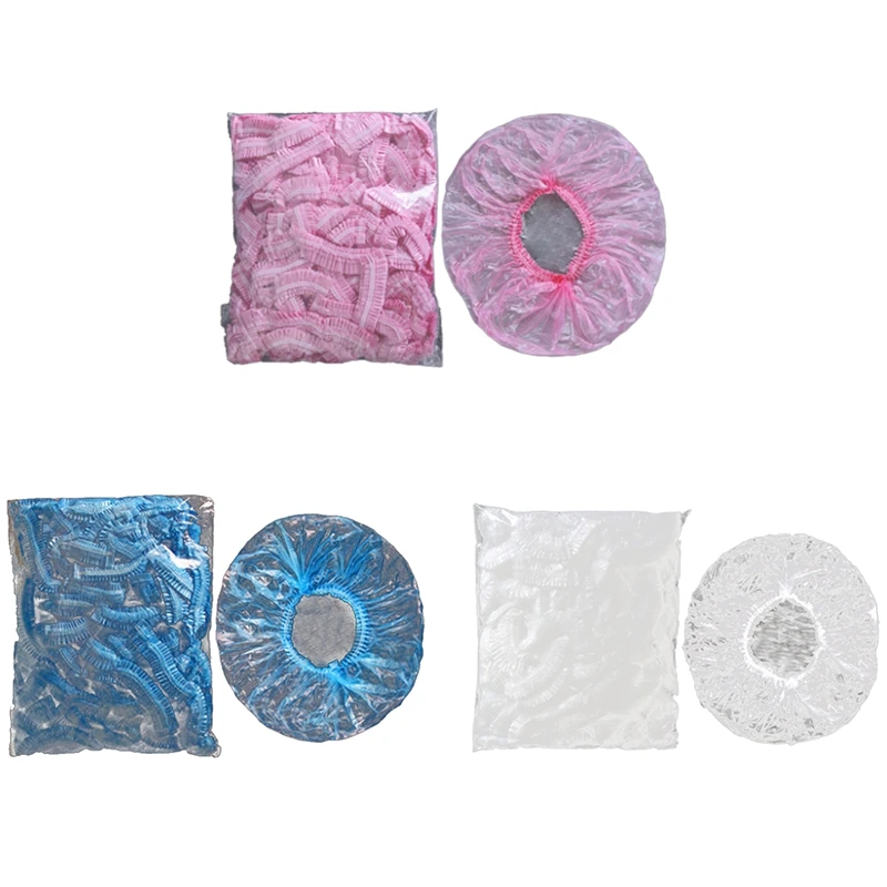 

100PCS Double Ribbon Non-Woven Disposable Shower Caps Pleated Anti Dust Hat Women Men Bath for Spa Hair Salon Beauty Accessories