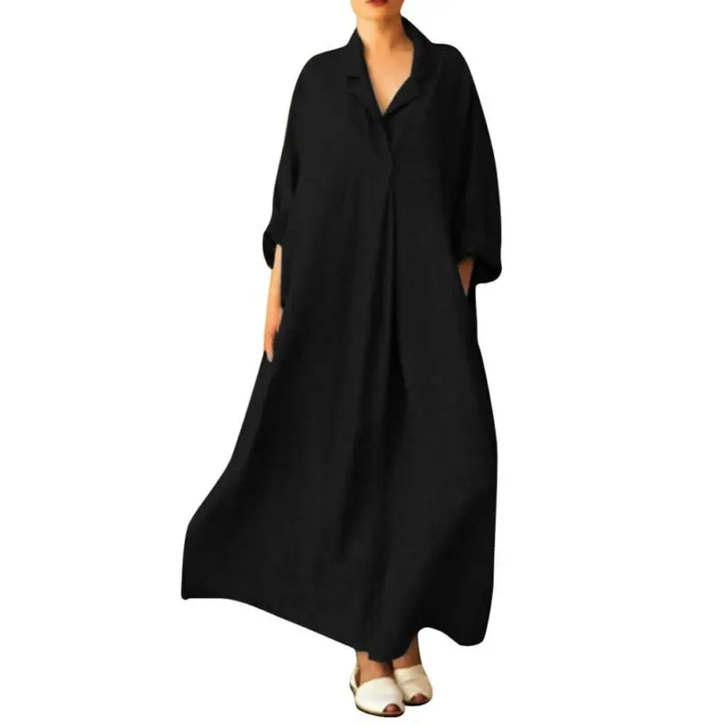Женское платье Чистый цвет праздничные "плюс сайз" с v-образной горловиной и длинными рукавами из хлопка и льна длинное платье в пол