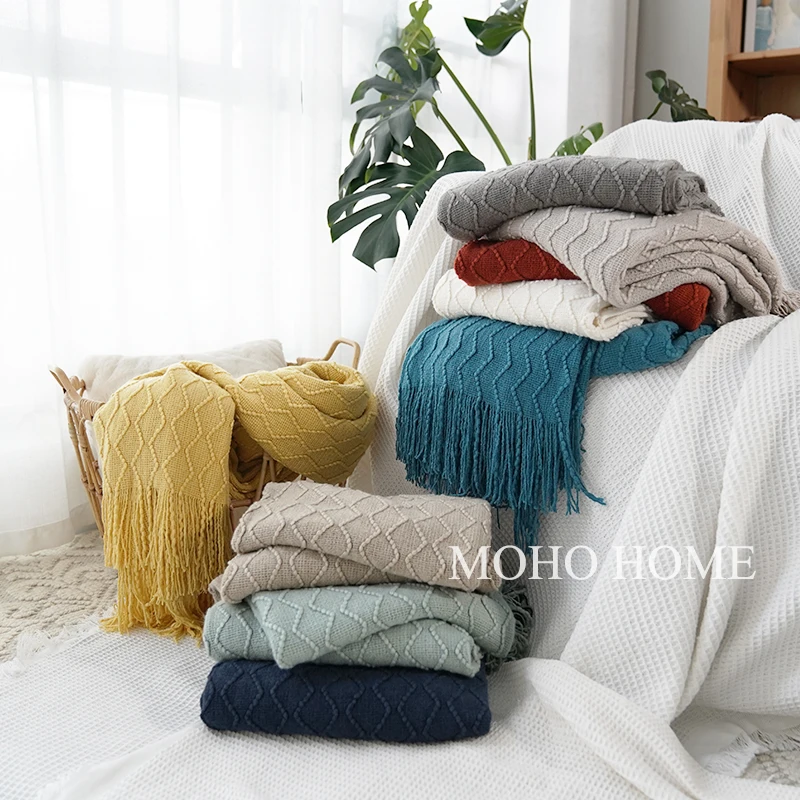 

North European Knitted Wool Blanket Towel Nordic Sofa Model Room Decorative Blanket Bed Tail Pack Bright Yellow Diamond