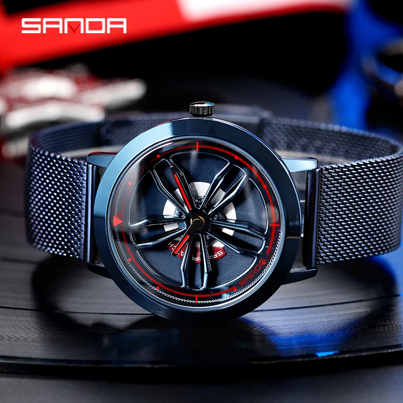 SANDA Special Wheel Model Rotating Dial Quartz Wristwatch Quality Hook Buckle Steel Mesh Belt Fashion Business Men Watch 1009