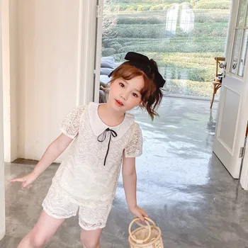 

2020 New Stylish Girls 2 PCS Lace Set Bow Shirt+Shorts Summer Kids Girls Suits 2-7 Years