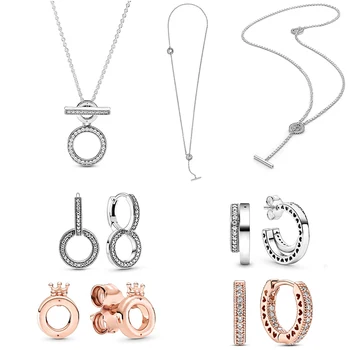 

2020 Fall High Quality S925 Pavé Circle Logo Signature Double Hoop T-Bar Heart Necklace Original 1:1 Classic Woman Jewelry Gift