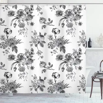 

Black and White Shower Curtain Vintage Floral Pattern Victorian Classic Royal Inspired New Modern Art Bathroom Decor Set