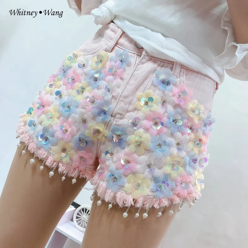 Женские джинсовые шорты WHITNEY WANG летние уличные с блестками и цветочными бусинами