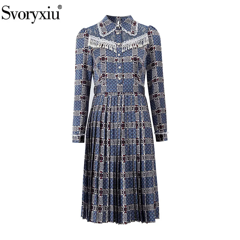 

Svoryxiu Designer Spring Summer Vintage Totem Print Pleated Dress Women's Long Sleeve Beaded Tassel luxury Party Midi Dresses