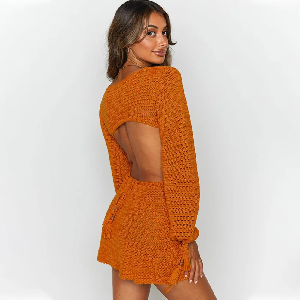 Waliicorners Hollow Out Women V Neck Sexy Party Mini Dresses Casual Knit Stripe Long Sleeve Dress Beach Backless 33 H5b1b1756b75e4fa589d708f3dc2a4f7ee