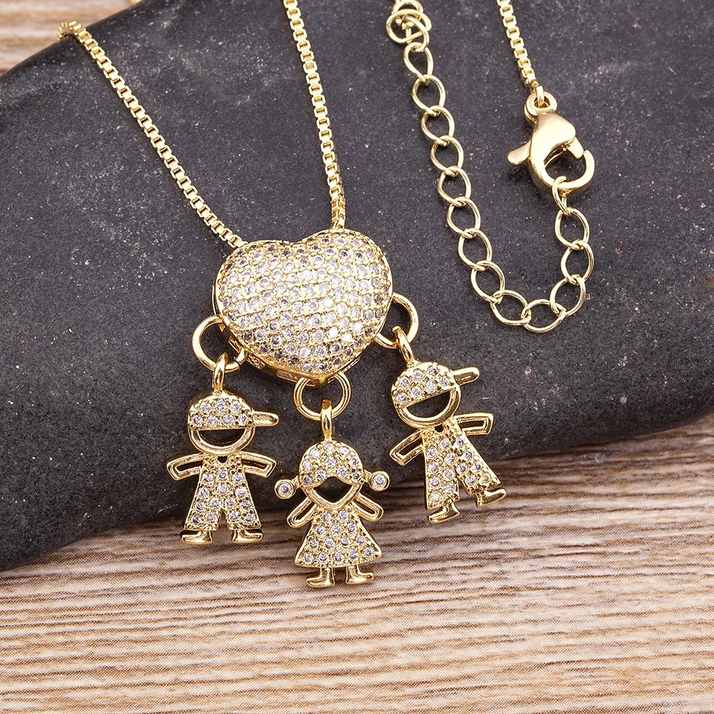 Nidin Hot Sale Son Daughter Heart Gold Color Cubic Zirconia Family Girl Boy Pendant Necklace Chain Jewelry For Mother Gift