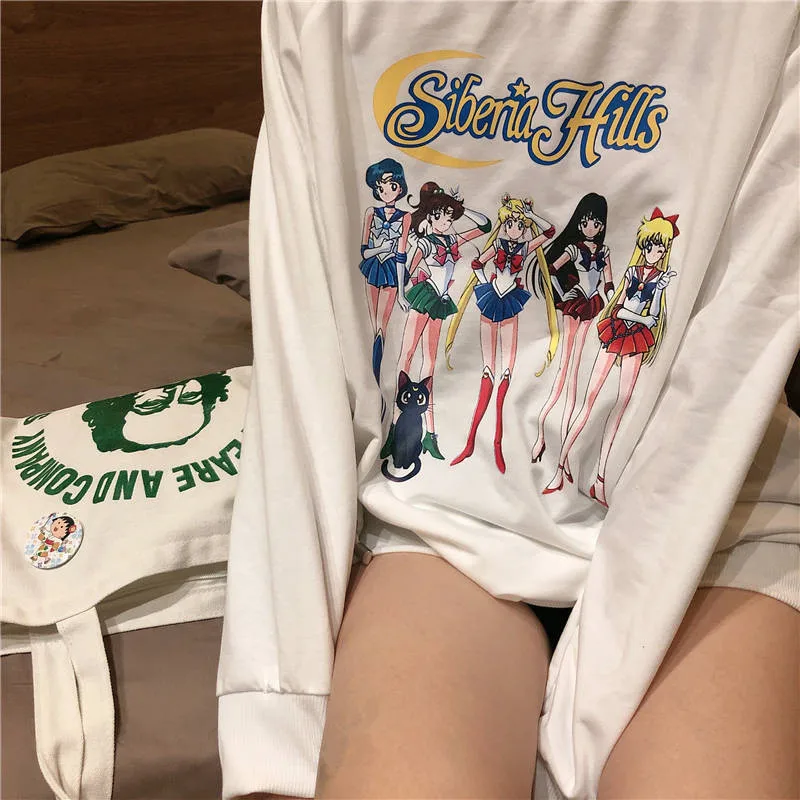 Осенняя Harajuku футболки с длинным рукавом для женщин одежда топы тройник женский Япония с принтом героев из мультфильмов для маленьких девочек студентов Джемперы Хай-стрит