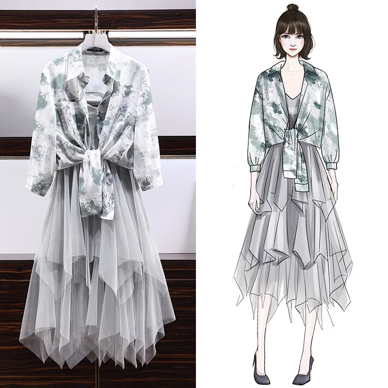 

Summer Wear New Style 2019 Large Size Dress Fat Mm Ink Sun-resistant Lace-up Shirt + Camisole Mesh Skirt Fashion Two-Piece Set
