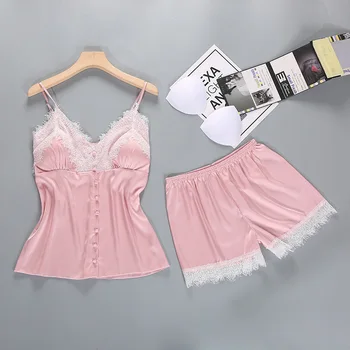 

two pieces pyjamas women sexy lingerie pijama mujer femme pizama female sexy lounge sets satin & lace sleepwear set