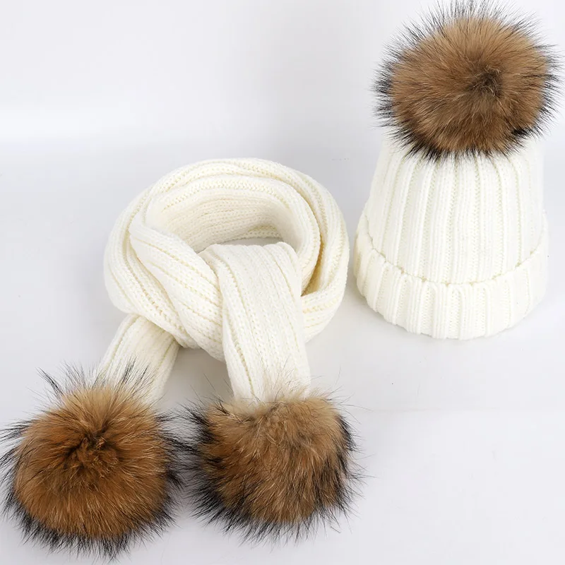 White-1 New Fashion Ladies Raccoon Fur Pompom Knit Beanies Hat Scarf Sets Female Soft Cap Scarves Winter Warm Women Cotton bonnet - Цвет: White-1
