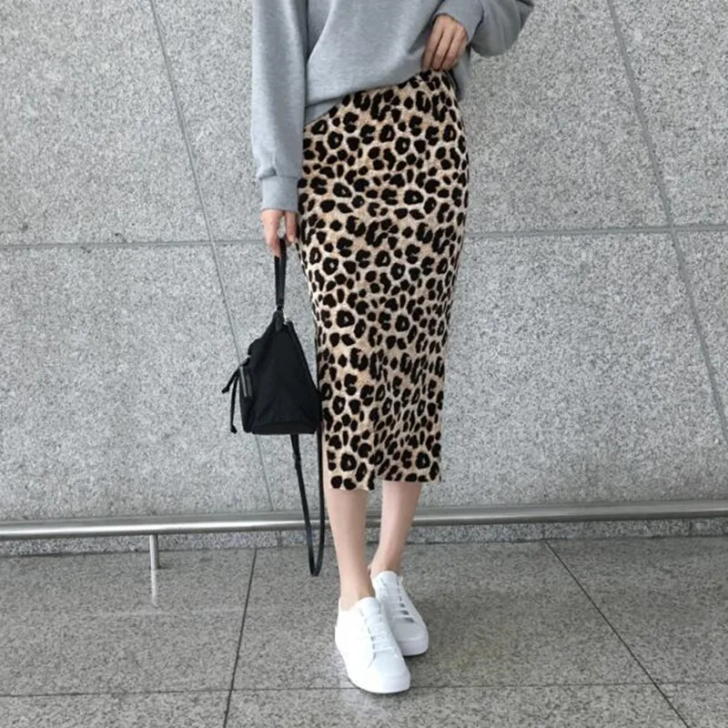 

Sexy Leopard Print Midi Long Skirt Women 2019 for Autumn Winter Fashion Ruffles Split High Waist A-line Skirt Female S-XL