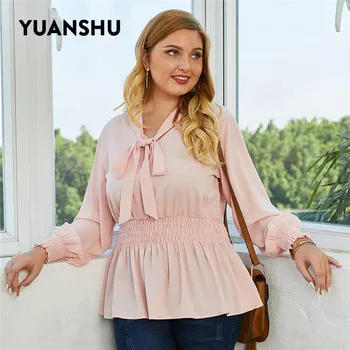 

YUANSHU Fashion Bow Elastic Waist Plus Size Blouse Women Solid Lantern Sleeve Ruffle Hem Tops Elegant 3XL 4XL Large Size Shirts