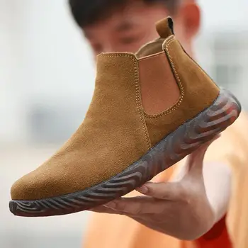 

plus size men fashion steel toe caps work safety boots slip-on soft leather tooling shoe ankle security boot zapatos seguridad