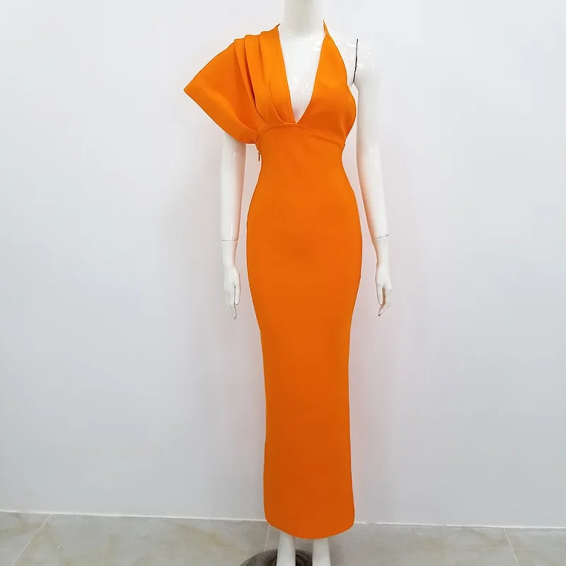 Новинка, женское оранжевое Модное Длинное Платье, Vestidos, элегантное, на одно плечо, облегающее, как у знаменитостей, вечерние, макси платье
