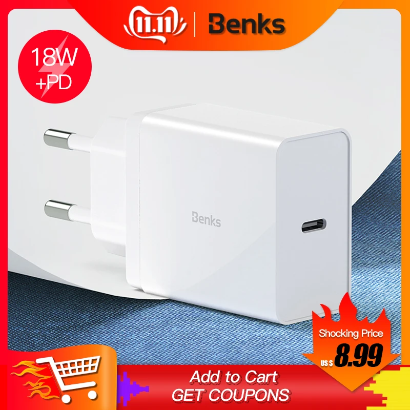 

Benks PA31 PD USB C Charger Adapter For iPhone XS 11 Pro MAX X XR 8Plus Xiaomi Fast Charging 18W EU Type-C Port Quick Charge 3.0