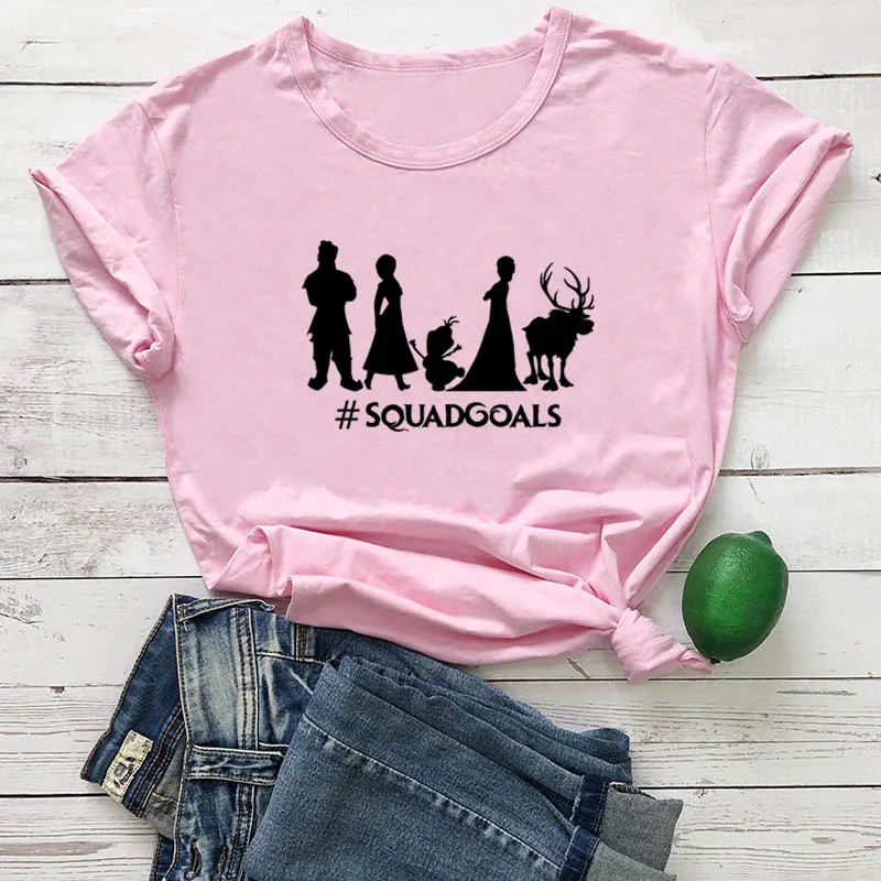 Новое поступление; Женская забавная Повседневная футболка из хлопка с графическим принтом «Squad Goals»; Семейные футболки - Цвет: pink-black text