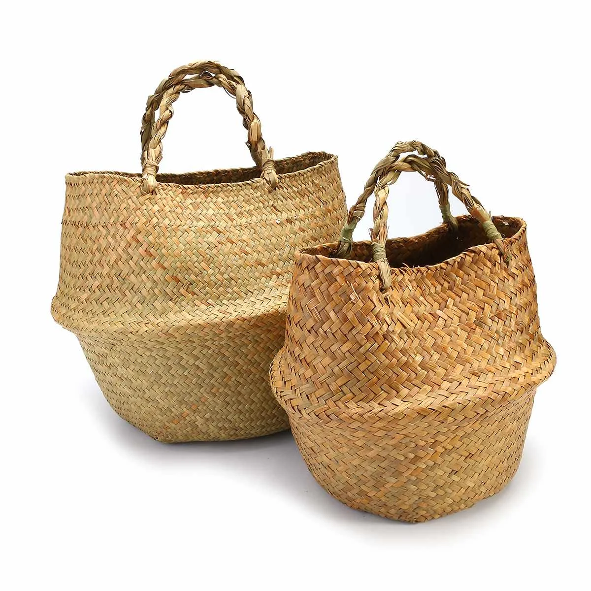 

2Pcs Household Folding Natural Seagrass Woven Storage Baskets Garden Flower Vase Hanging Basket Storage Bellied Basket Container