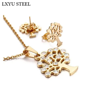 

Brand New Simple Tree Pendant Necklace Earring Sets CZ 316L Stainless Steel Gold/Silver Color Jewelry Sets Christmas Gift
