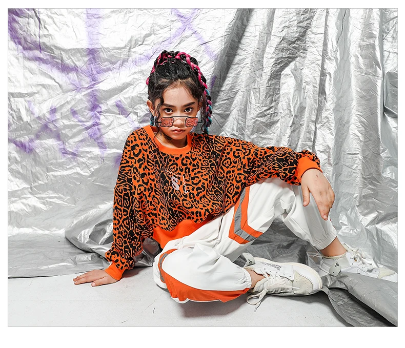 Hip Hop Costume Girls Leopard Crop Top Hooded Jogger Trousers Kids Dance Costumes For Jazz Street Performance Set 110-180cm (10)