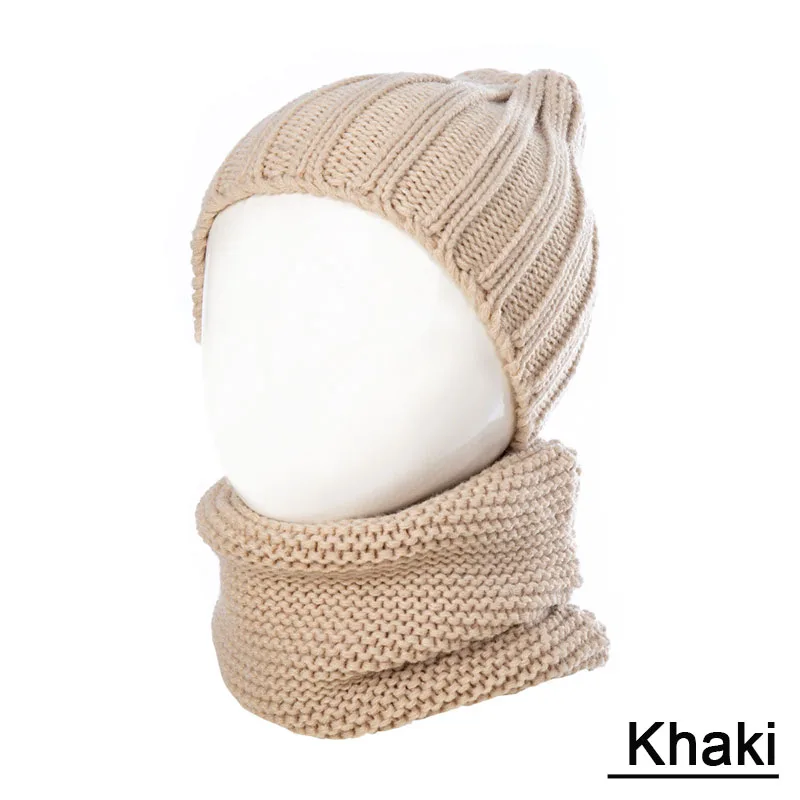 REAKIDS/Новинка; модные детские зимние комплекты из шапки и шарфа; теплые хлопковые вязаные шапки для мальчиков и девочек; костюм с шарфом; плотные детские шапки - Цвет: khaki
