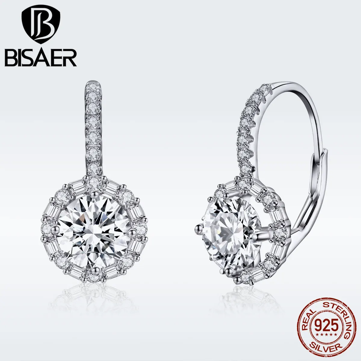 BISAER 925 пробы серебро круглый, прозрачный CZ сверкающая капля Длинные Висячие серьги для Для женщин Свадебные украшения массивные серьги GXE508