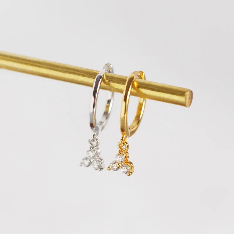 WTLTC 925 Sterling Sliver Three Cubic Zirconia Hoop Earrings Dangling Ear Piercing Earrings Mini Charms Hoops Earrings for Women