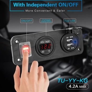 

12V to 5V USB Socket Panel Mount Car Fast Charger Dual Auto Car USB Adapter Socket 4.2A Charger With Voltmeter Switch