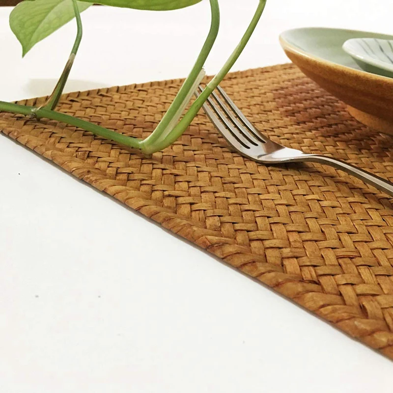 Pack of 4, Natural Seagrass Place MatHand-Woven Rectangular Rattan Placemats Straw Tea Cup Mat Potholder