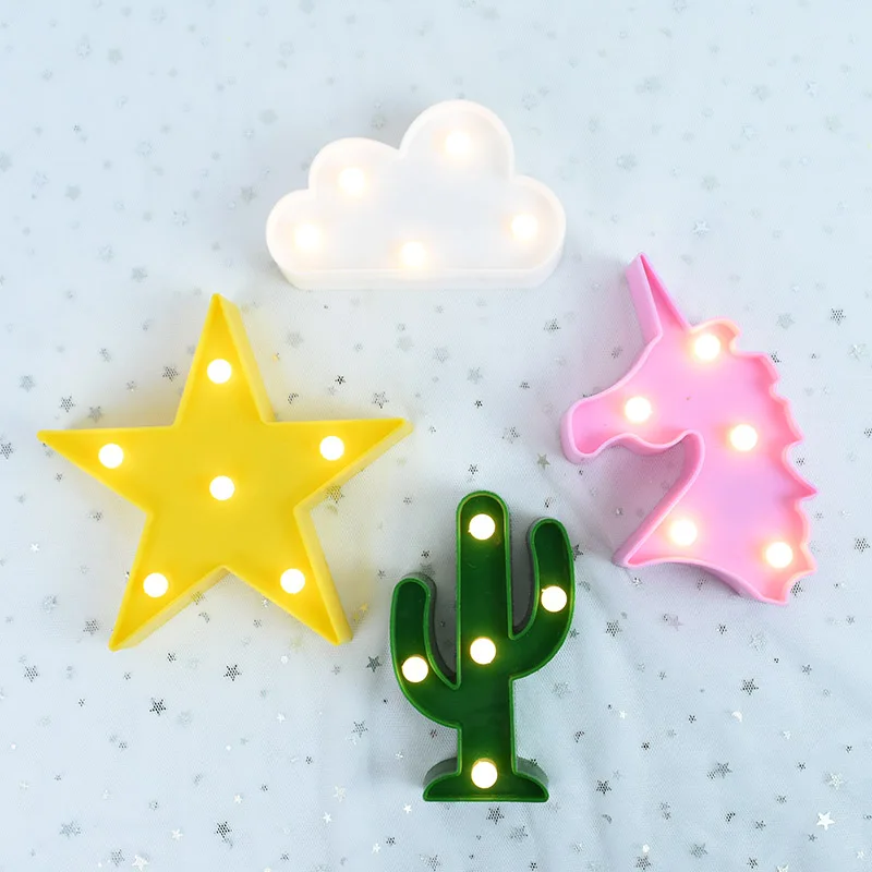 Cartoon Night Lights Flamingo Unicorn Cloud Cactus Pinapple Star Shape LED Table Lamp for Children's Bedroom Lighting Decoration