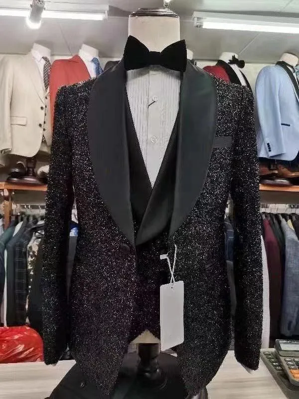 Latest design Classic Shiny golde with black wedding suits for men slim fit suit groom best party tuxedos 3 piece Blazer