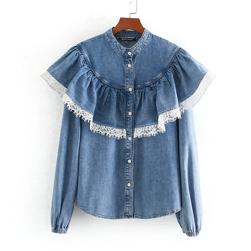 

Malina Lace Denim Ruffles Blouses Women Fashion Stand Collar Shirts Women Elegant Long Sleeve Tops Female Ladies LE