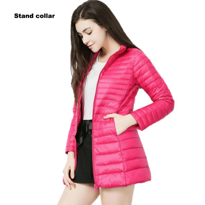 stand collar pink Женский пуховик, брендовая новинка, зимние теплые куртки, женский длинный светильник, пуховик на белом утином пуху, 5XL, 6XL, 7XL, ультра-светильник, пальто с капюшоном - Цвет: stand collar pink