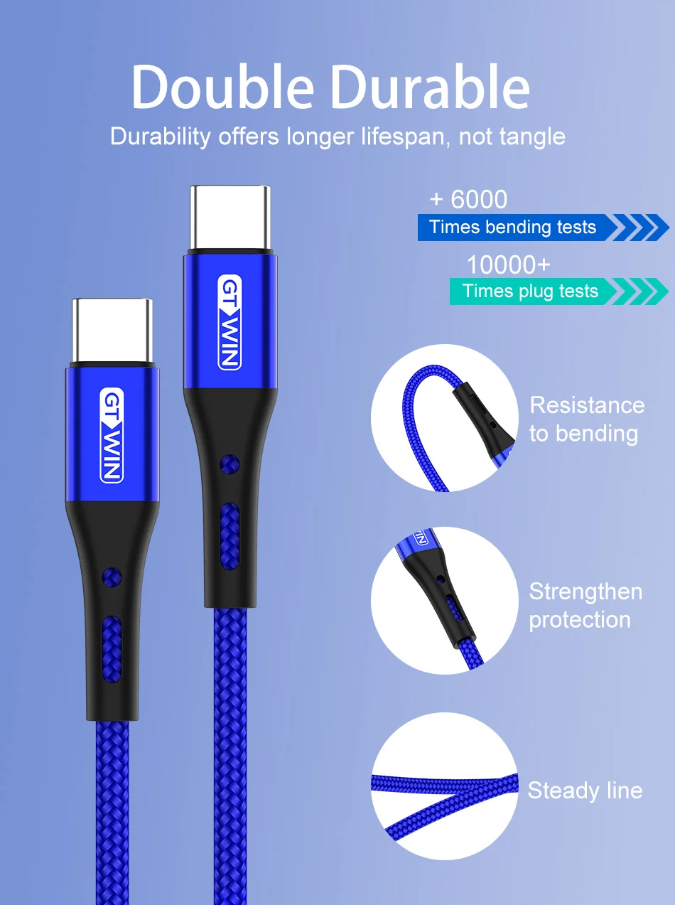 GTWIN 60 Вт usb type C к usb type C кабель USB-C быстрое зарядное устройство Шнур PD type-c кабель для samsung Xiaomi Redmi Note 10 8 Pro Macbook