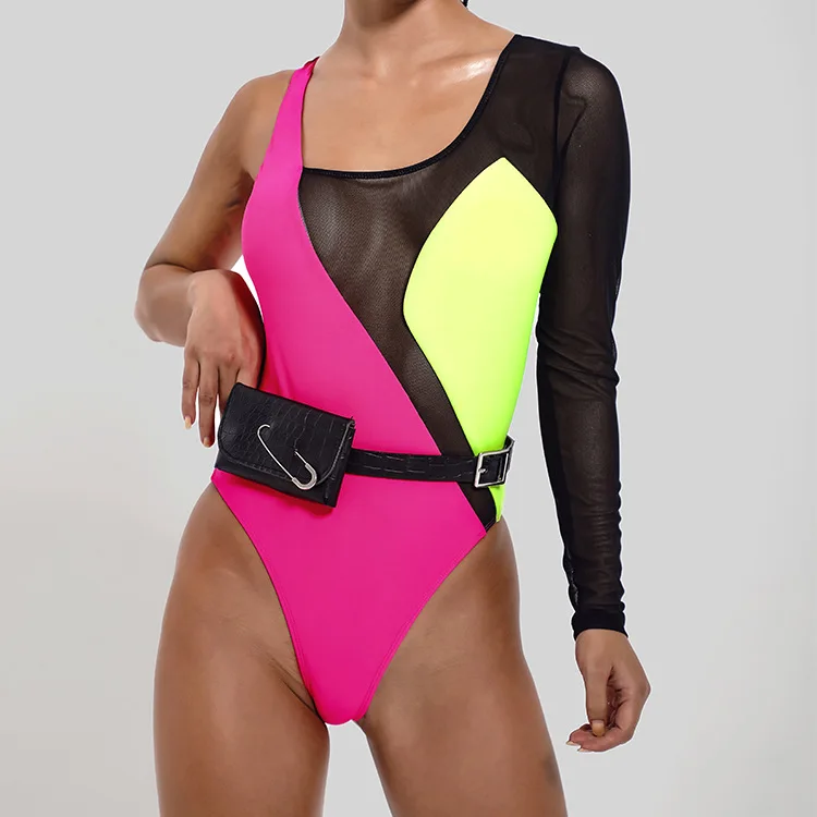 

Asymmetric One Piece Swimsuit Sexy Women Swimwear Long Sleeve Mesh Monokini Cut Out Bodysuit with Leather Waist Bag Beachwear