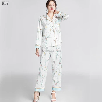

Women Spring Pajamas 2Pcs Set Imitation Silk Long Sleeve Button Down Tops Pants Colorful Floral Printed Loose Sleepwear