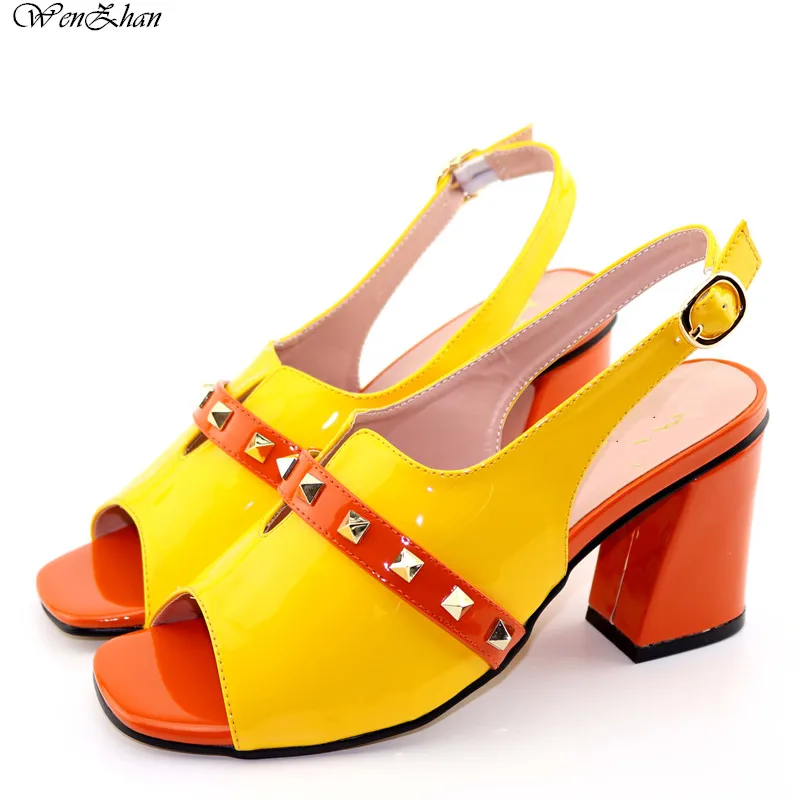 

Yellow Wedding Metal Decoration Shoes African Novelty Italian Open Toe Summer Shoes 38-44 WENZHAN C97-25