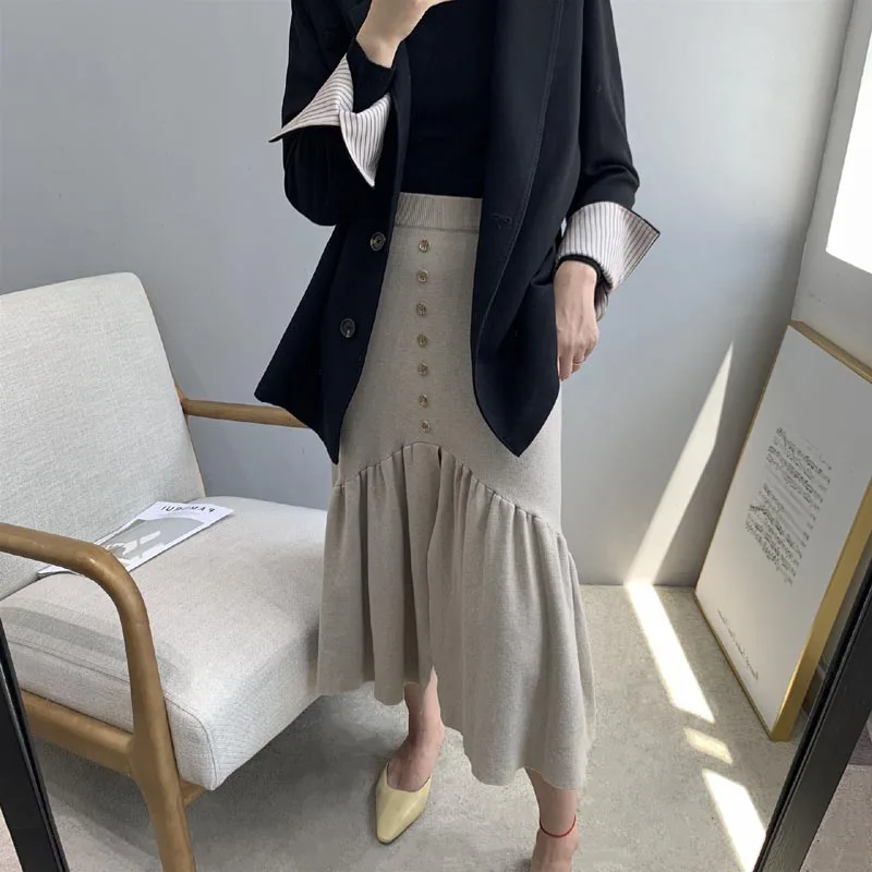 

J190 Women Fashion Front Buttons Ruffles Slim Waist Sweater Skirt Ladies Elegant Skirts Saias